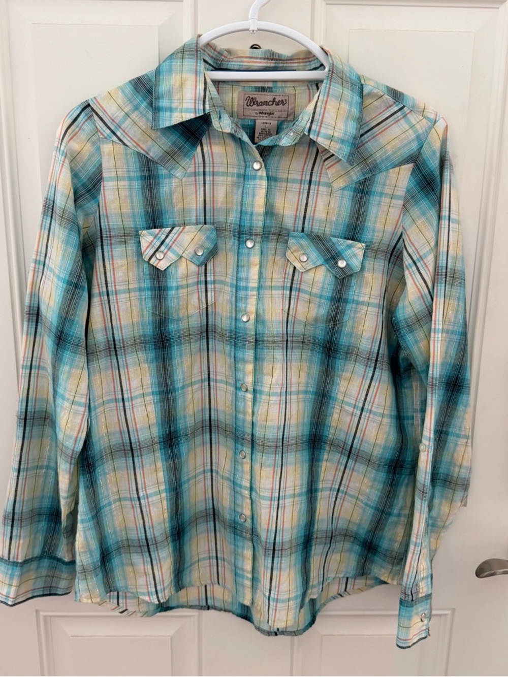 Wrancher by Wrangler Shirt L | Plaid Pearl Snap Western Metallic